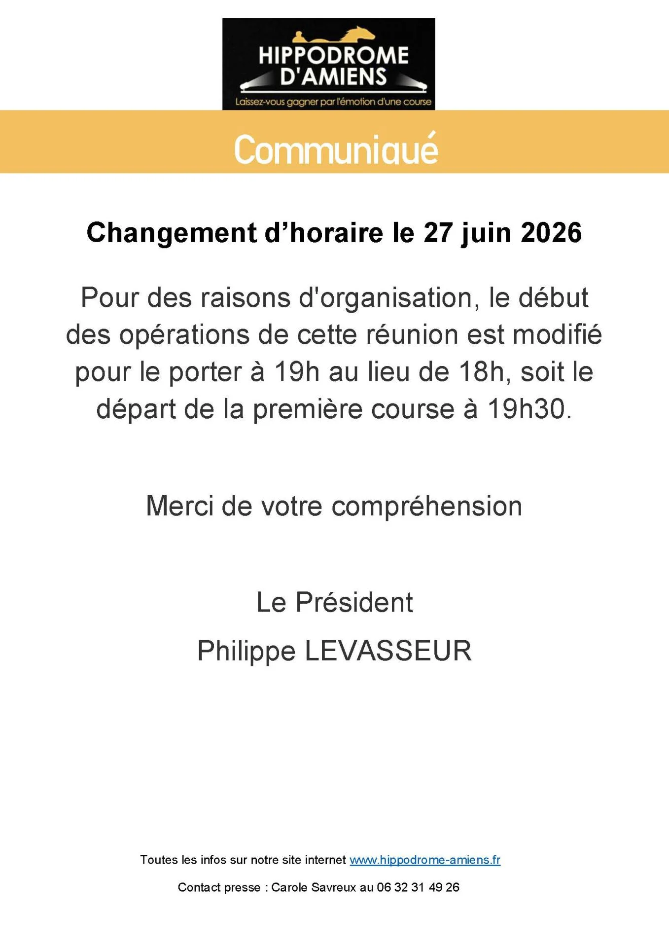 Communique changement d horaire 27 juin 2026 hippodrome d amiens